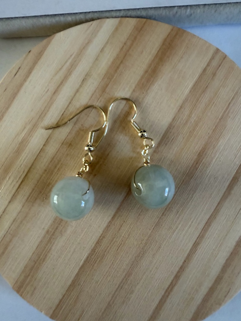 14K Gold Icy Light Jade Earrings - Picture 4 of 8